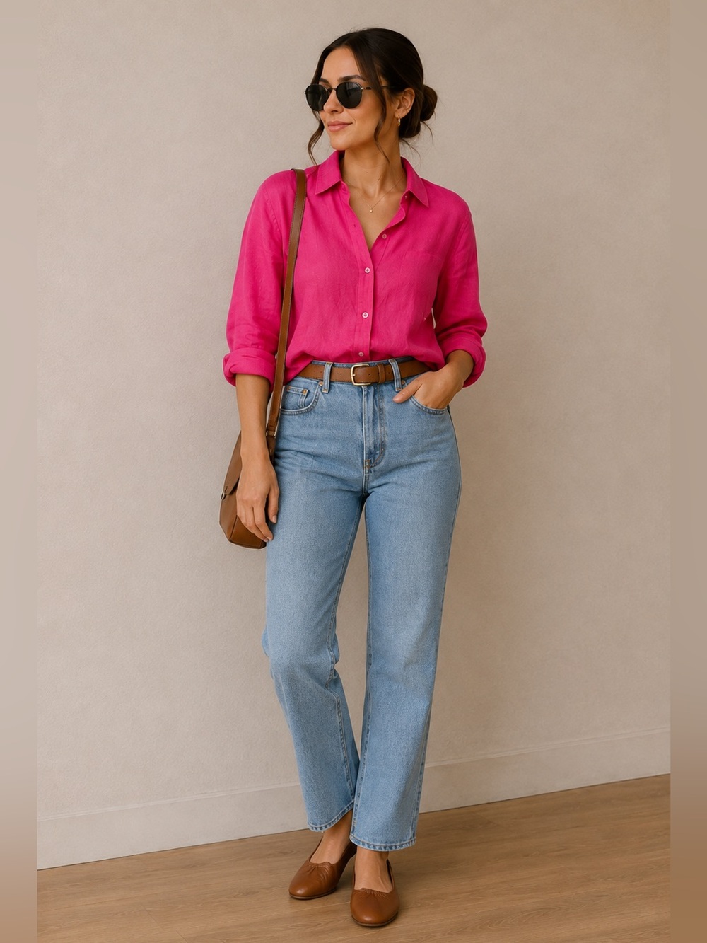 Piombo Women’s Bright Pink Long-Sleeve Button-Down Shirt 100% Cotton